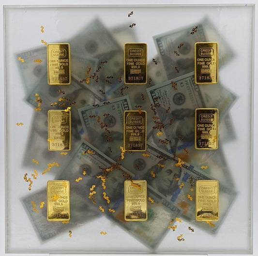 Resin Square Block - Glowing Dollars & Gold Bars